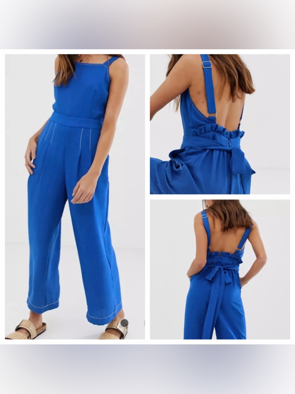 MOON RIVER Anthropologie Square Neck Backless Wide Leg Ankle Blue Jumpsuit L NWT